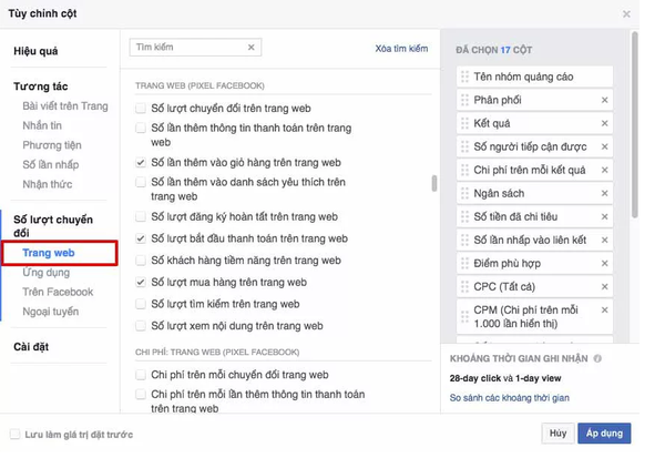 Giao diện tra cứu kết quả Pixel Facebook.